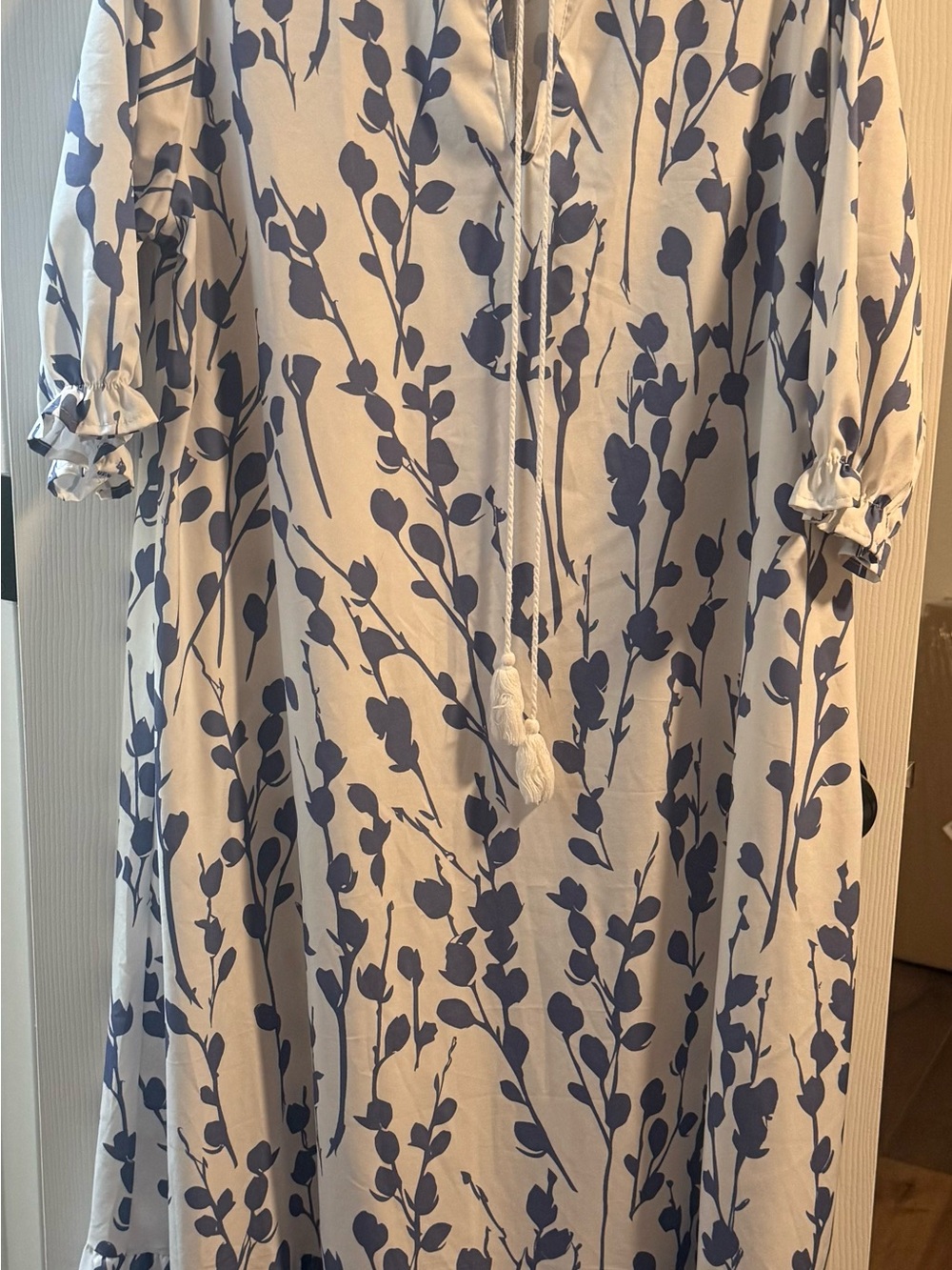 Blue and White Floral Maxi Dress with Tie-Neck